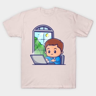 Cute Boy Working On Lapop Cartoon T-Shirt